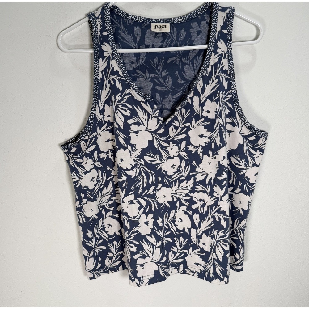 PACT Tank Top Women's Sz XL Blue Floral Organic Cotton V-Neck Sleeveless Casual